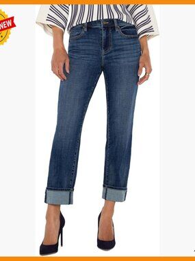 Petite Girlfriend Jeans with Cuffed Hem, Slim Fit, Mid-Rise Denim